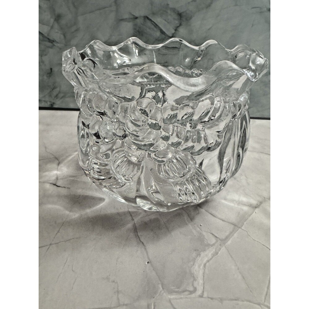 Vintage Heavy Clear Pressed Glass Bowl Vase 4" Ruffled Rim Floral Pattern